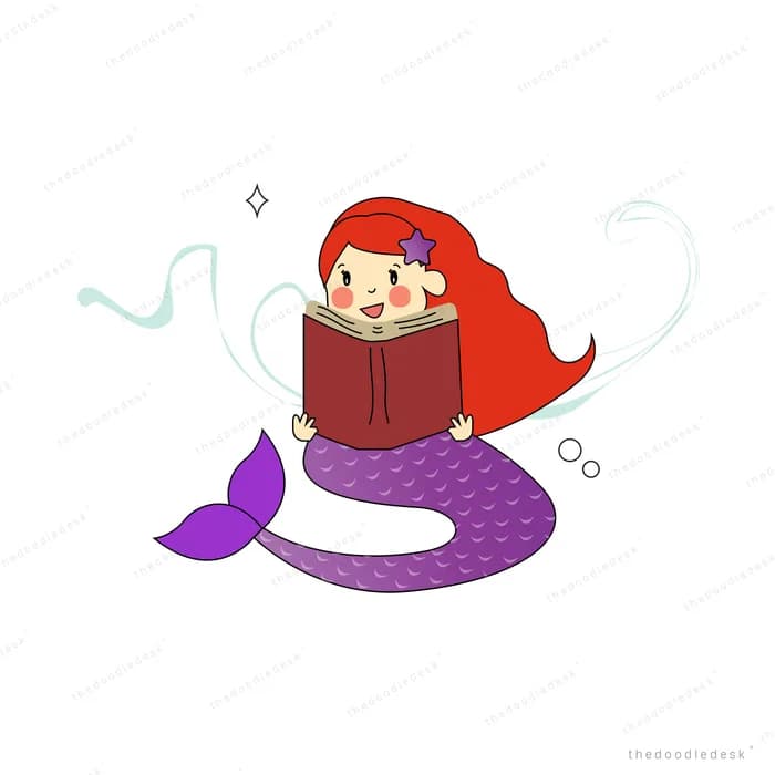Red-haired mermaid reading a book