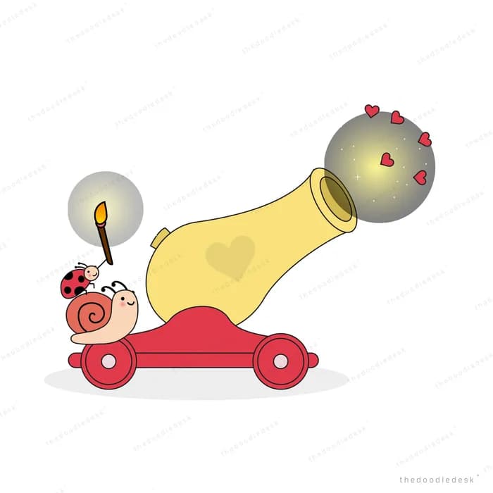 Snail beside a yellow cannon on wheels