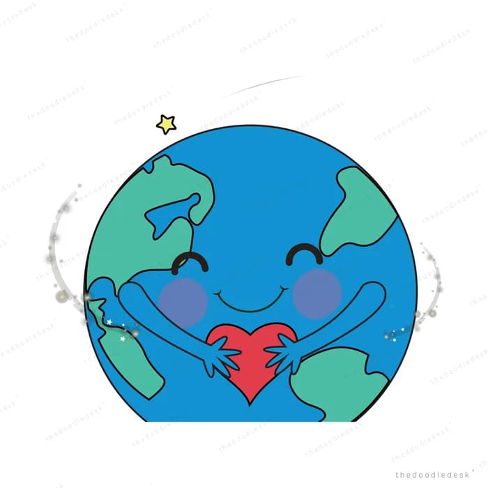 Smiling earth hugging a large red heart