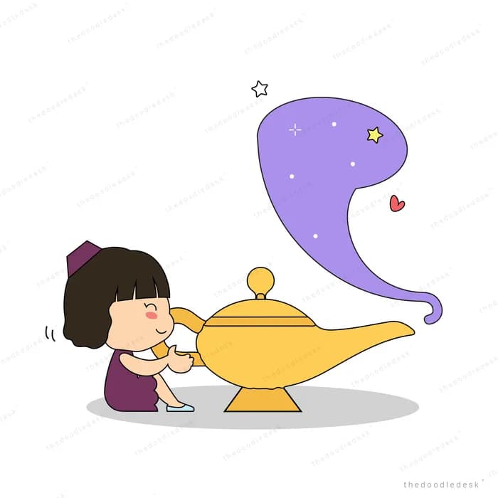 Girl rubbing a lamp releasing a purple genie