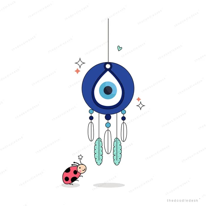 Evil eye dreamcatcher with feathers and a ladybug