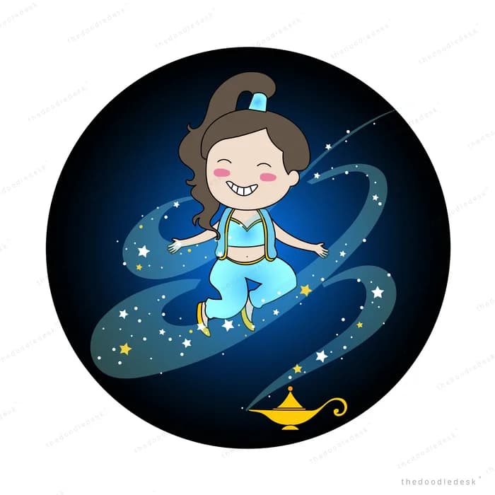 Genie emerging from a lamp in a starry orb