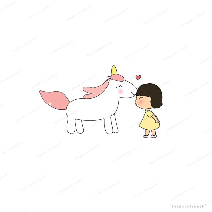 Girl greeting a unicorn on a cloud