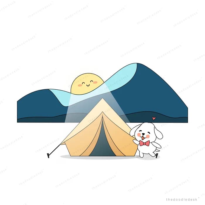 Tent under mountains with a smiling moon and dog