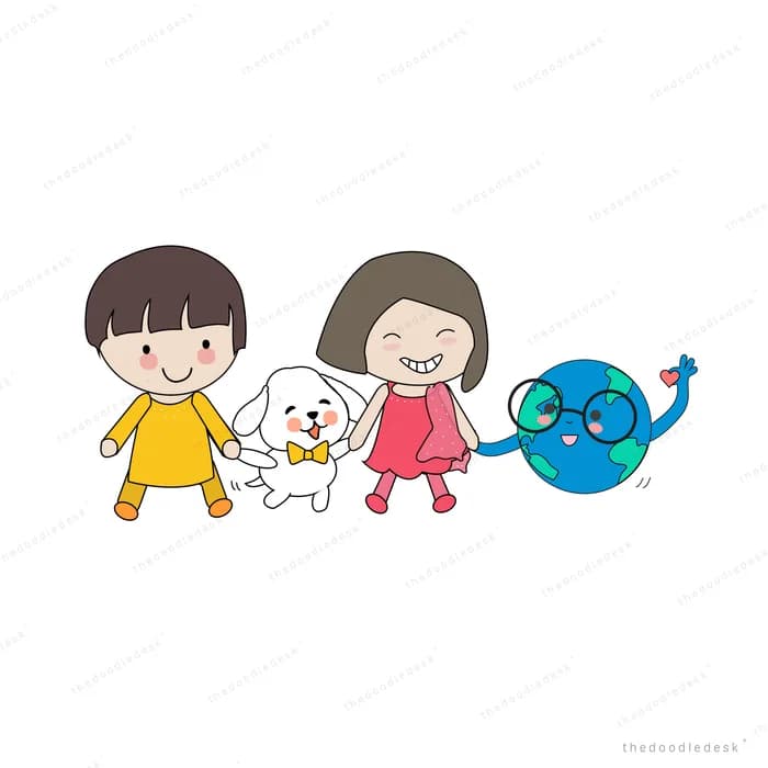 Children holding hands with a smiling earth