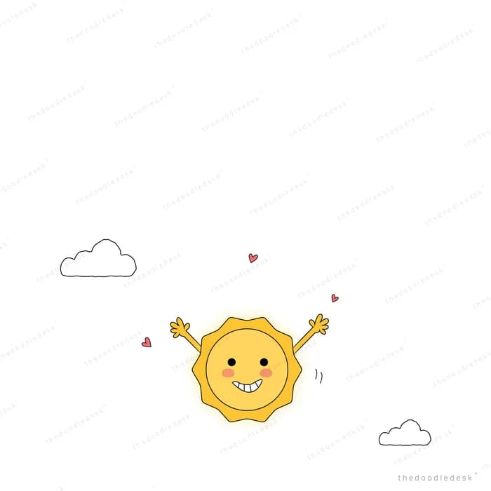 Small smiling sun with arms among clouds