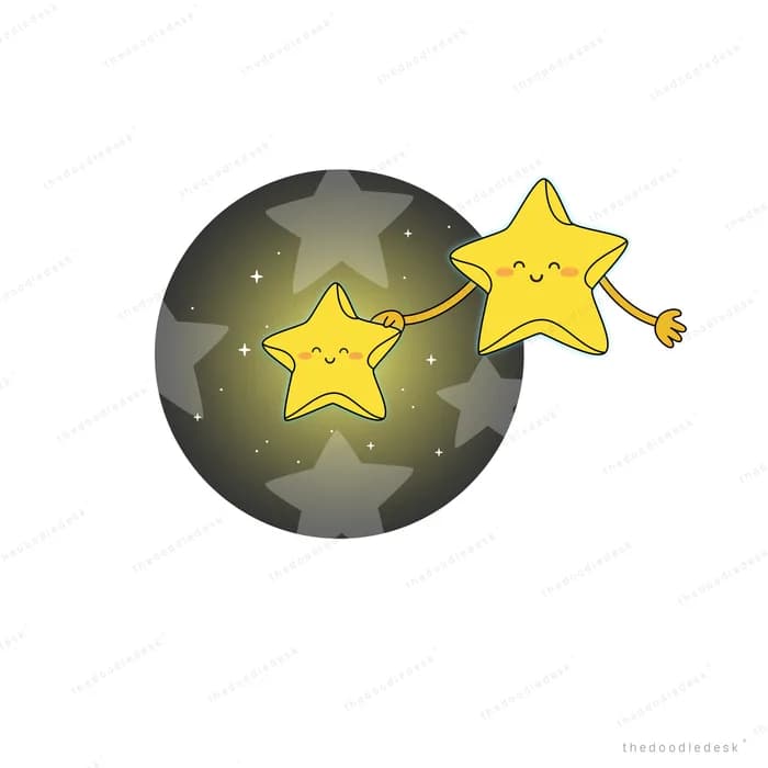 Smiling shooting star crossing a dark orb