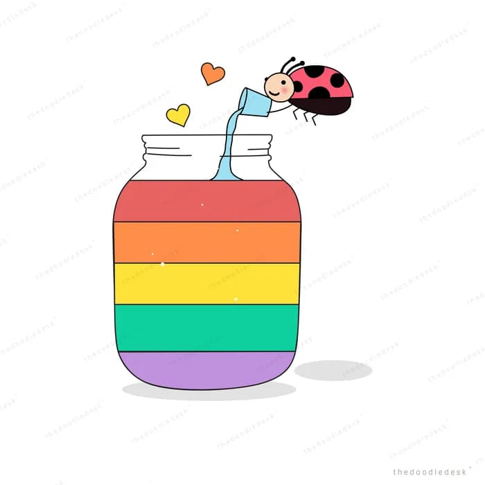 Ladybug above a jar filled with rainbow layers