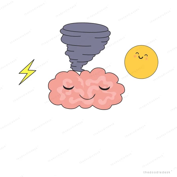 Brain under a storm cloud beside a smiling sun