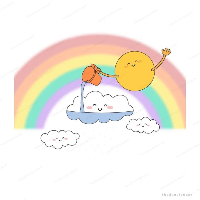Small boat on a rainbow beneath a smiling sun
