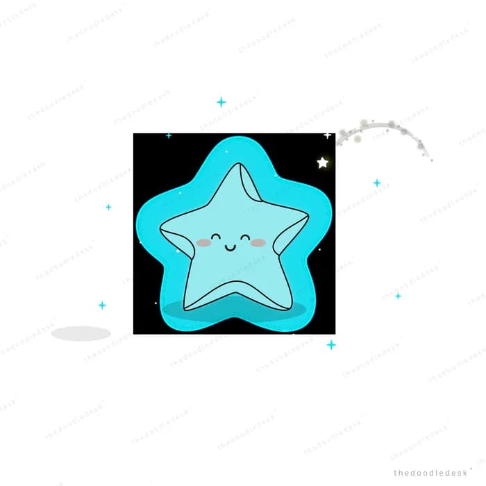Smiling teal star glowing in a dark square