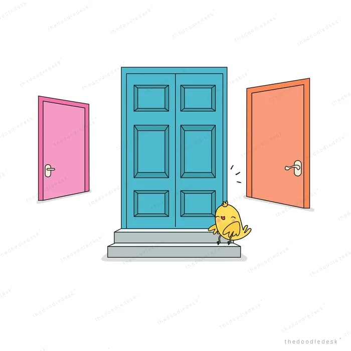 Three coloured doors with a small bird between