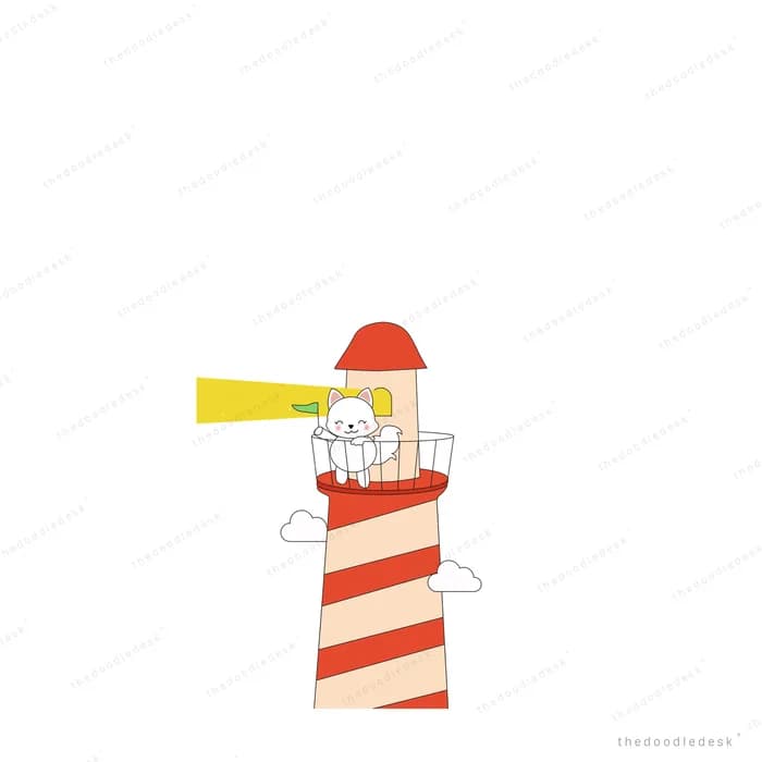 Cat atop a striped lighthouse tower