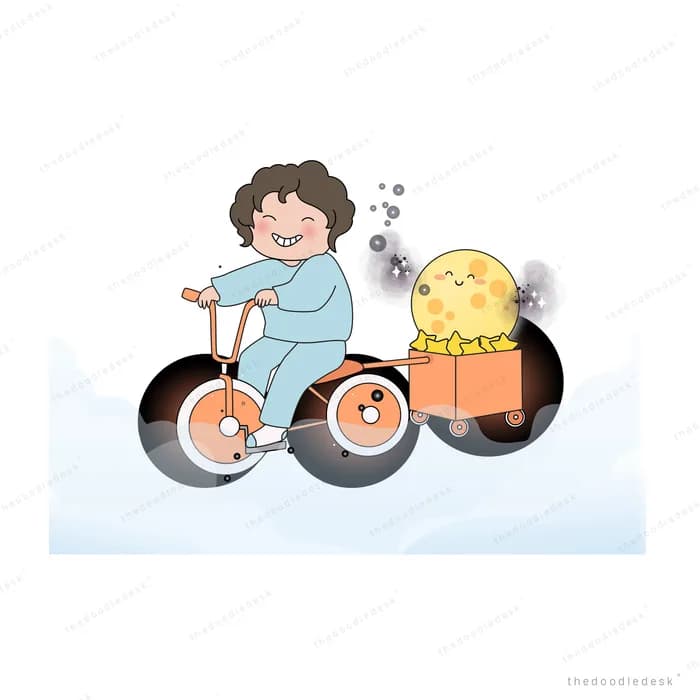 Boy cycling with a cart carrying a large smiling yellow moon