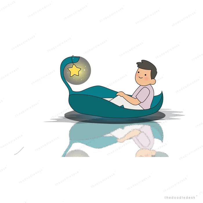 Boy sitting in a teal leaf boat reaching for a glowing orb with a star