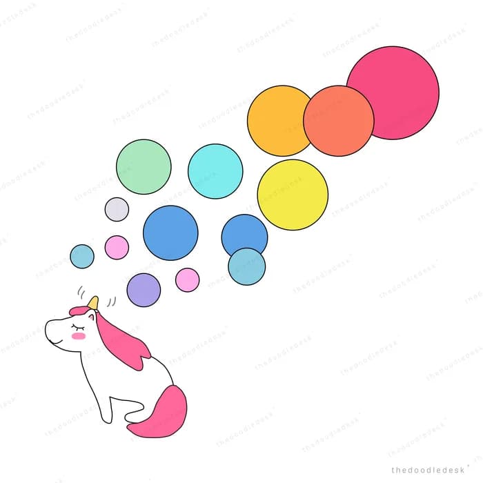Unicorn blowing a stream of colourful bubbles