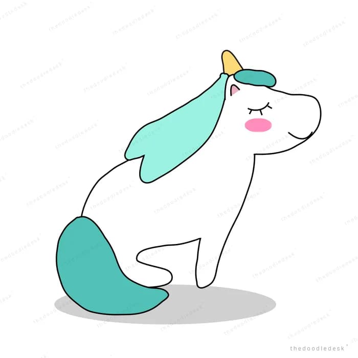 Unicorn with a mint mane and tail sitting with eyes closed