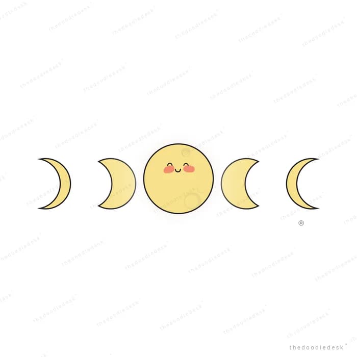 Row of moon phases with a smiling full moon in the middle