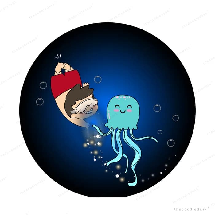 Girl diving in dark water beside a glowing turquoise jellyfish inside a circular scene