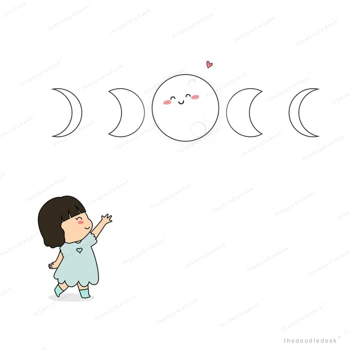 Girl reaching up toward a row of moon phases with one smiling full moon