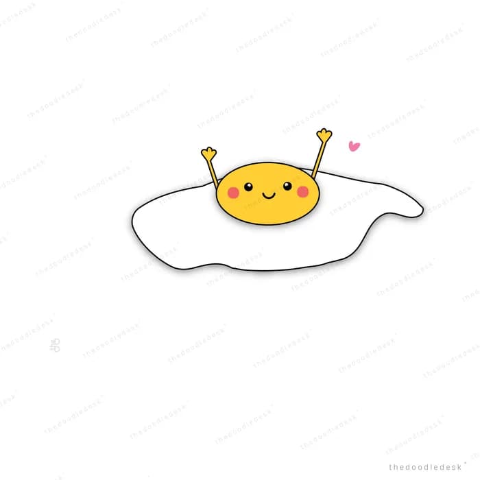 Smiling fried egg character with tiny raised arms