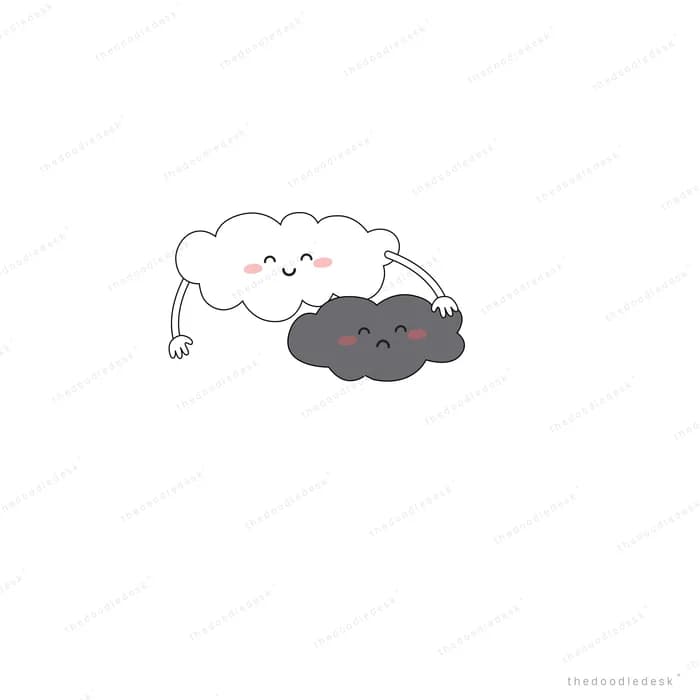 Smiling white cloud holding hands with a frowning dark grey cloud