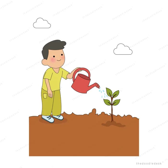 Man watering a young sprout growing in a plot of soil