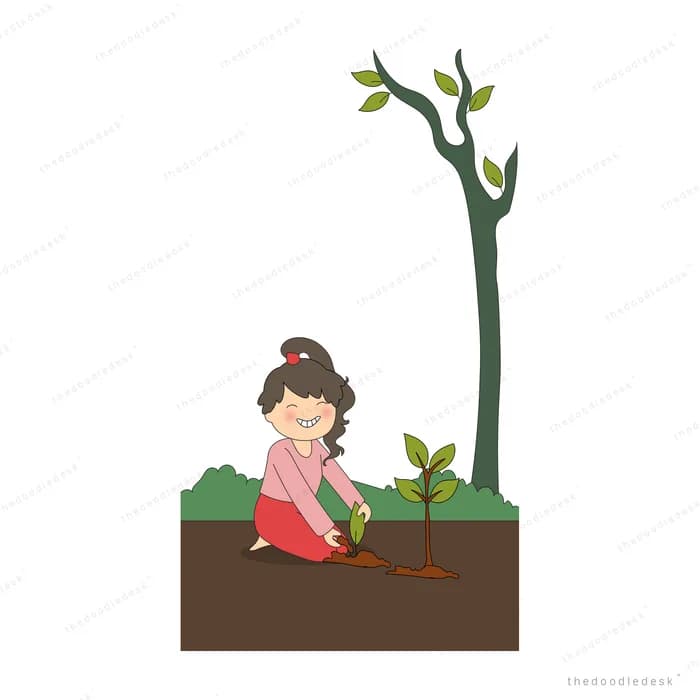 Girl kneeling to tend a slender young tree in a plot of soil