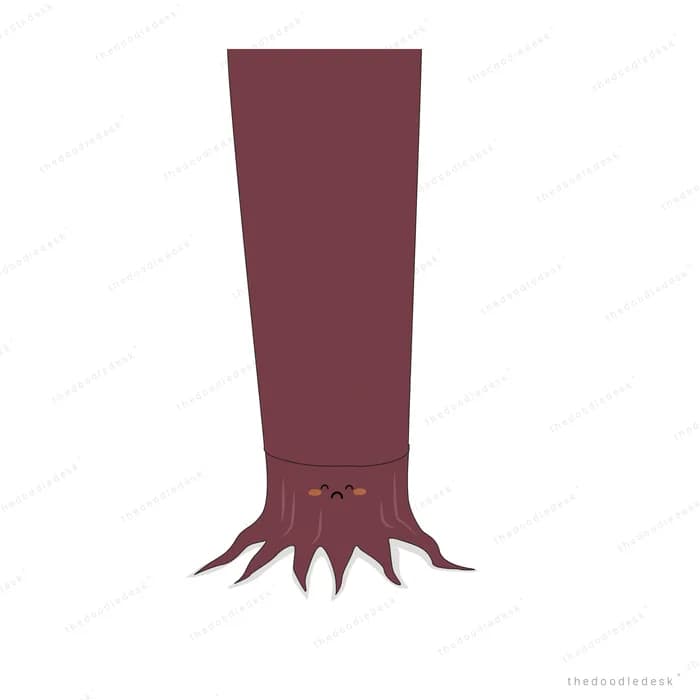 Tall bare maroon tree trunk with spreading roots and a tiny face at its base