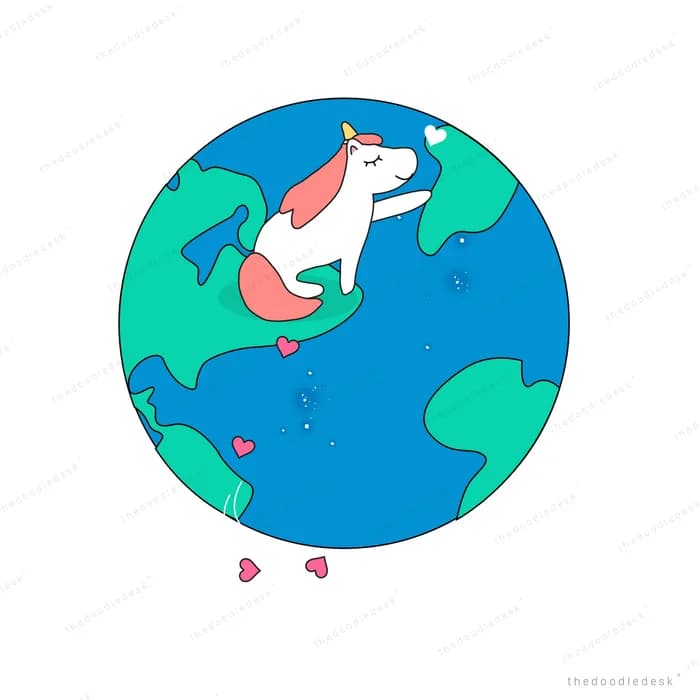 Unicorn resting on top of the earth globe surrounded by small hearts