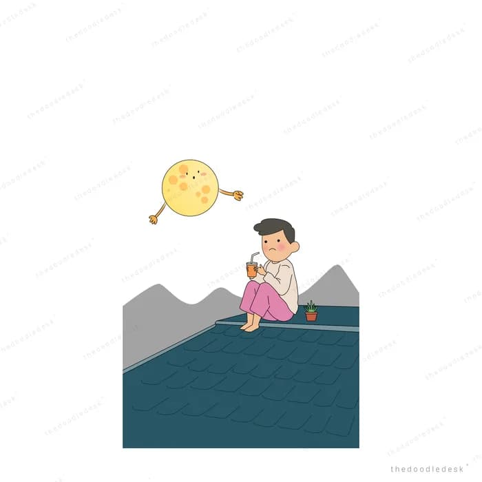 Couple sitting on a cliff above the sea while a smiling moon holds a lollipop overhead