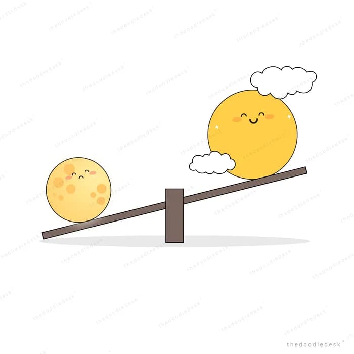 Smiling sun and moon balanced on a seesaw with clouds