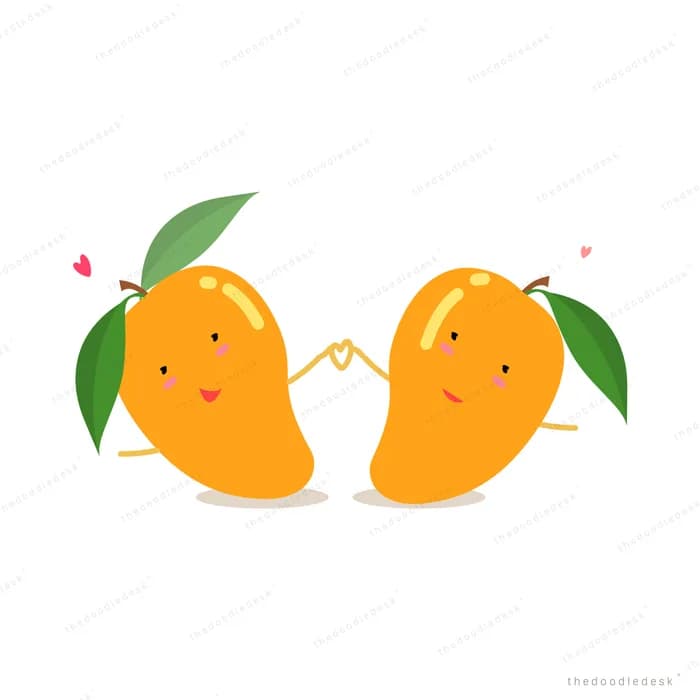 Two smiling mangoes holding hands to make a heart shape