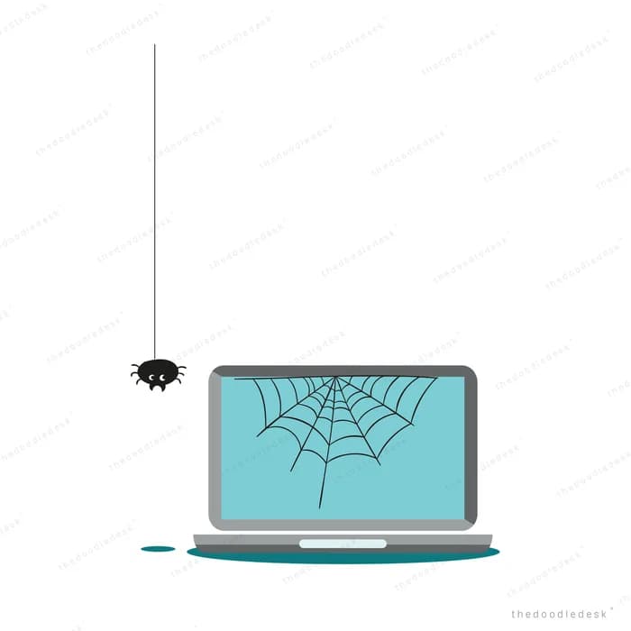 Laptop with a cobweb across the screen and a spider dangling above