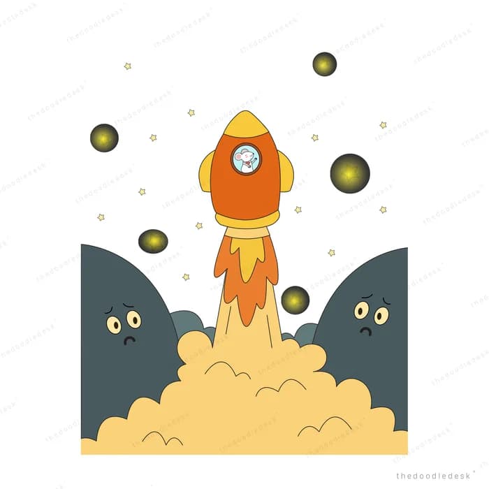 Rocket blasting off between two dark cliffs with watching eyes