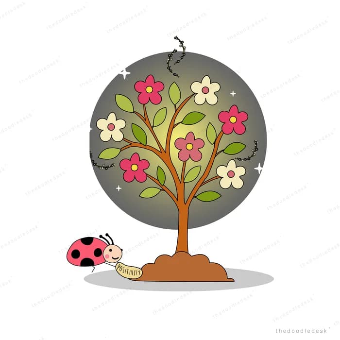 Flowering tree in a dark circle with a ladybug and caterpillar at its roots