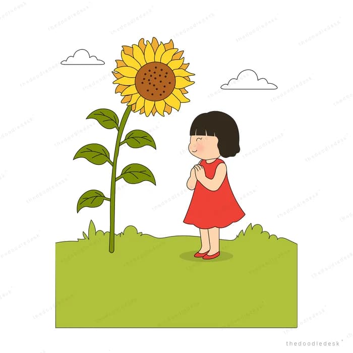 Girl in red looking up at a sunflower taller than she is