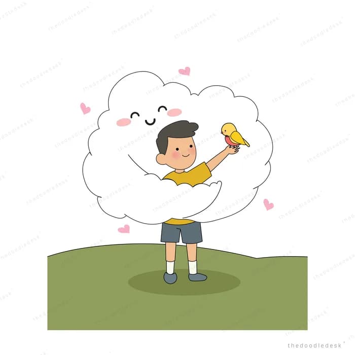 Boy holding up a trophy inside a big smiling cloud on a green hill with hearts around