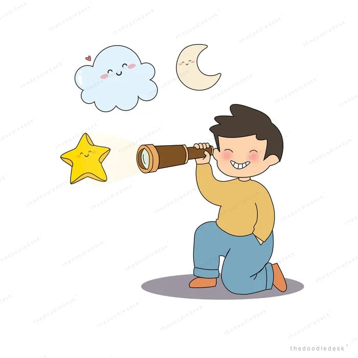 Boy kneeling and looking through a telescope at a smiling star, cloud and crescent moon