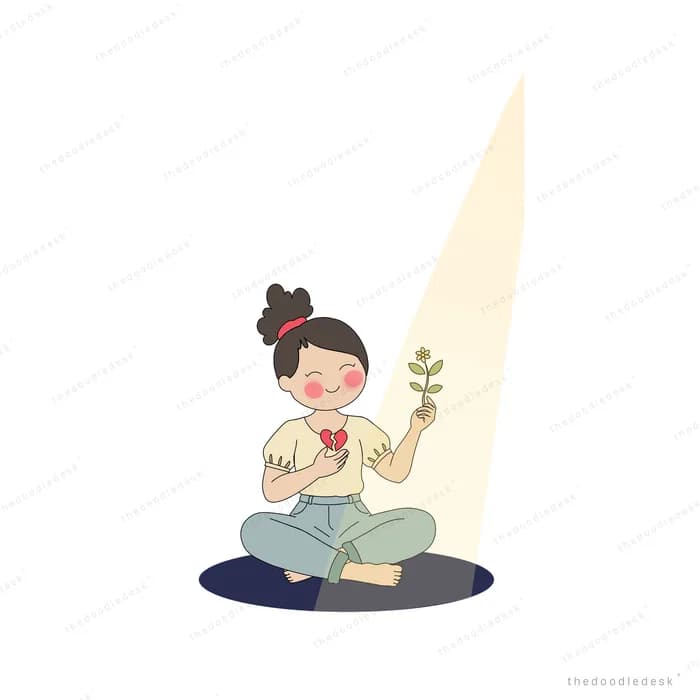 Boy sitting cross-legged holding a tiny sprout in a slanting beam of light