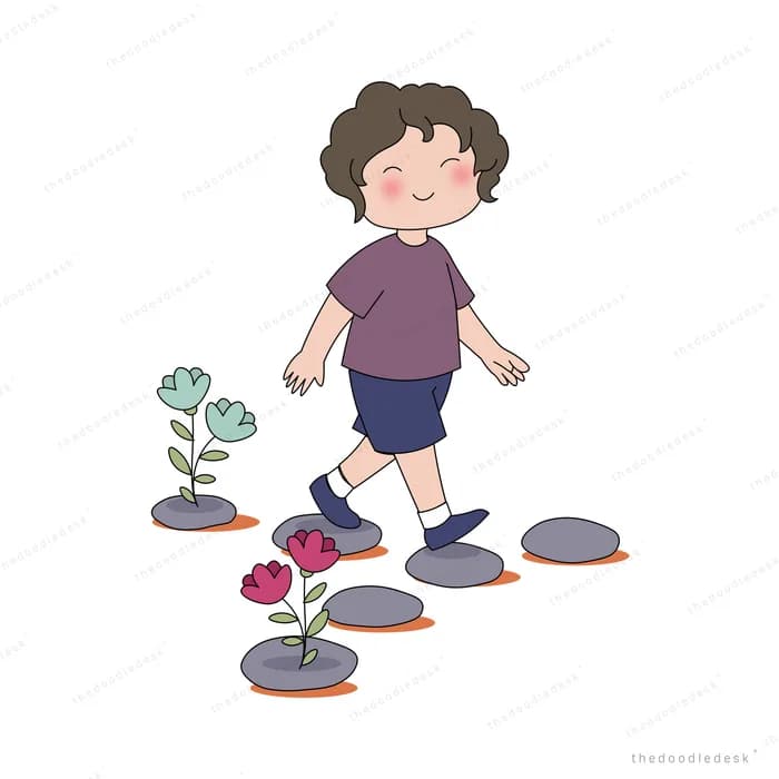 Boy stepping from stone to stone where small flowers sprout between them