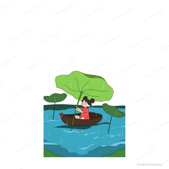 Girl seated in a small boat under large lotus leaves on a pond