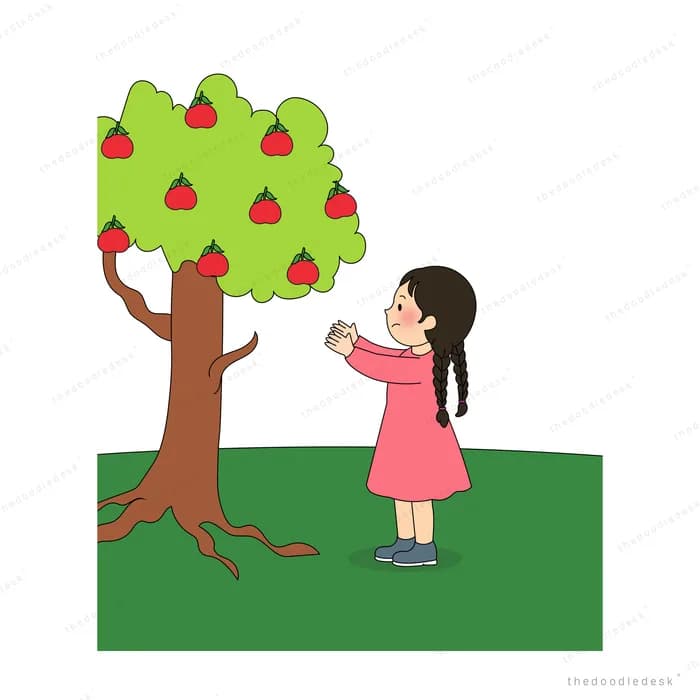 Girl in a pink dress reaching up toward a pear tree on green grass