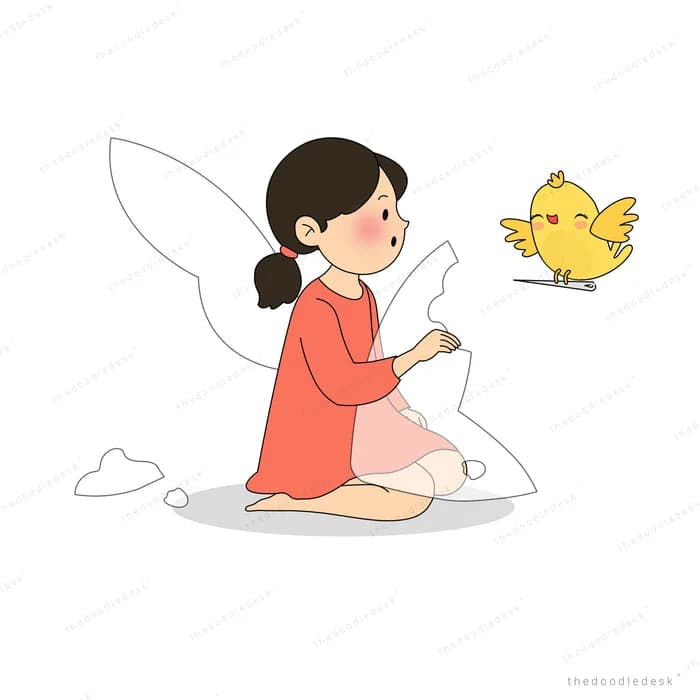 Winged fairy girl reaching toward a yellow chick in flight