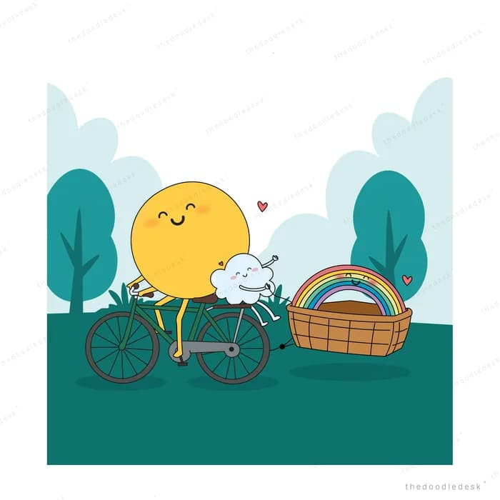Smiling sun and a cloud riding a tandem bicycle with a picnic basket