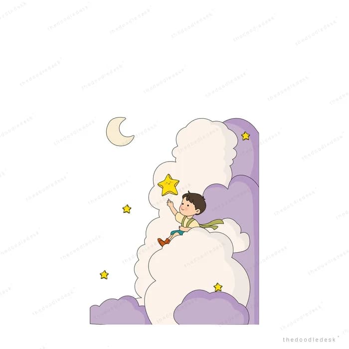 Girl perched on a cloud beside a crescent moon and stars