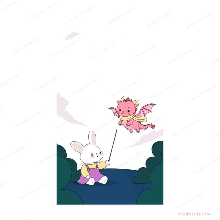 Pink dragon flying above a teal bed while a bear sits on the covers