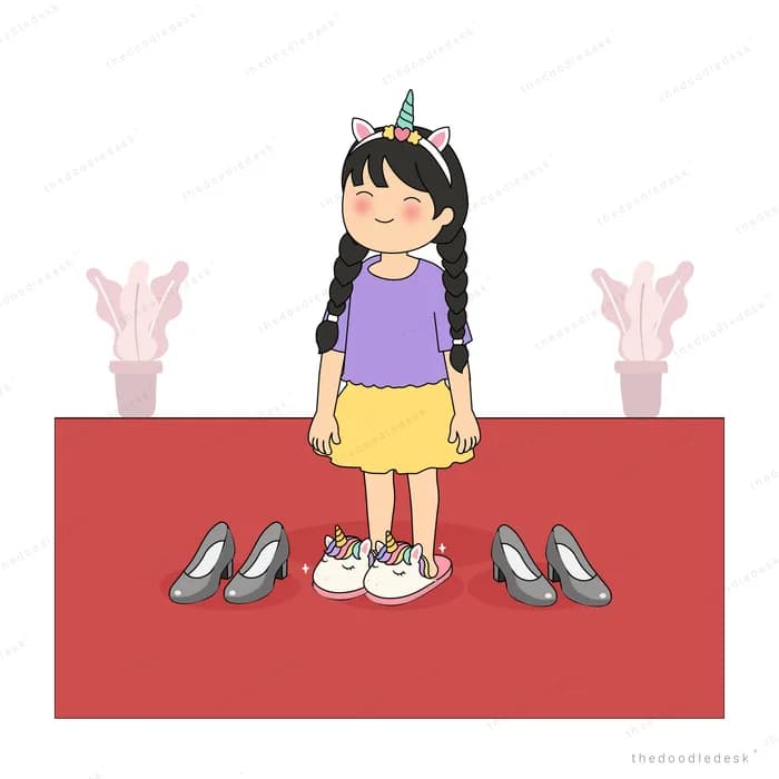 Rows of grey shoes arranged on an empty red mat