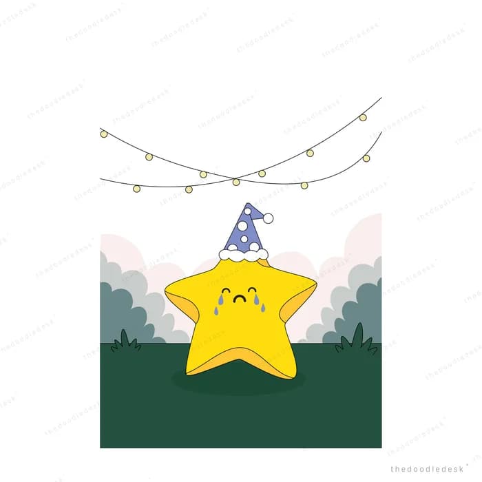 Smiling yellow star wearing a party hat alone under string lights