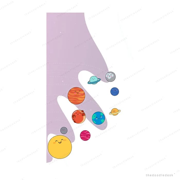 Open hand holding tiny planets that drift between the fingers